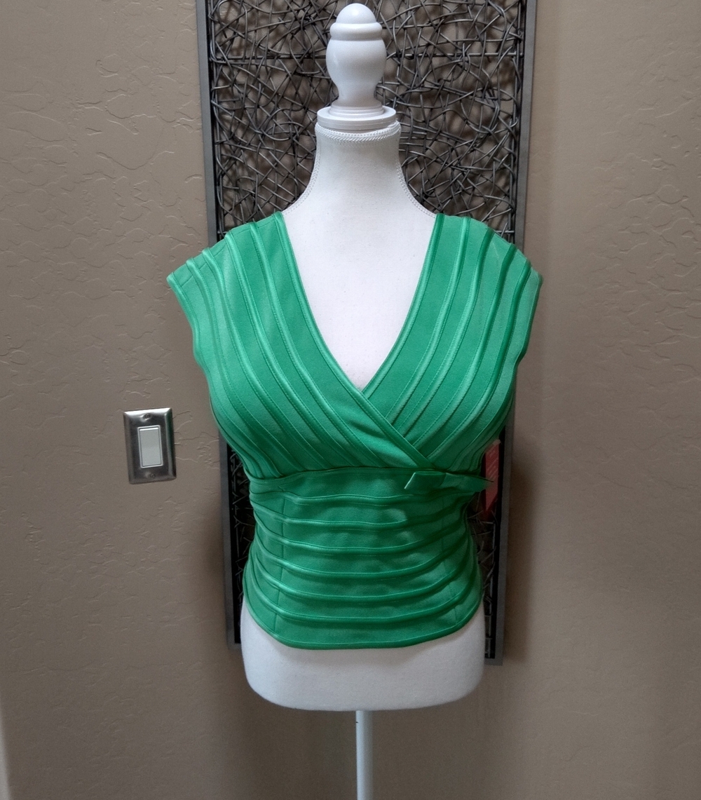 JS Collections Green Ribbed Sleeveless Wrap-Style Top with Decorative Bow